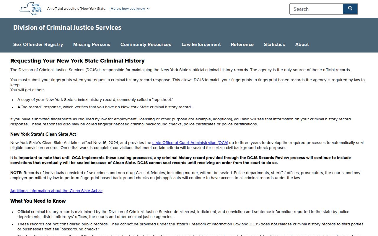 Ontario County arrest history fingerprint self-review through New York DCJS