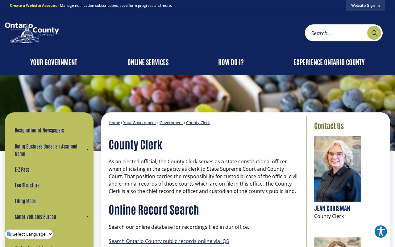 Ontario County criminal record custody page for the County Clerk