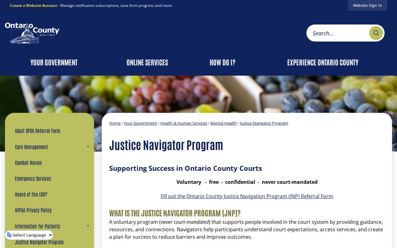 Ontario County criminal court support through the Justice Navigator Program