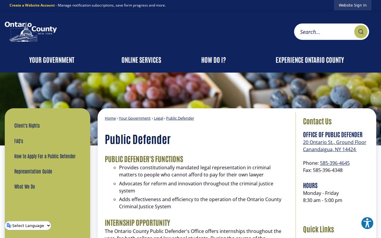 Ontario County criminal court cases Public Defender information