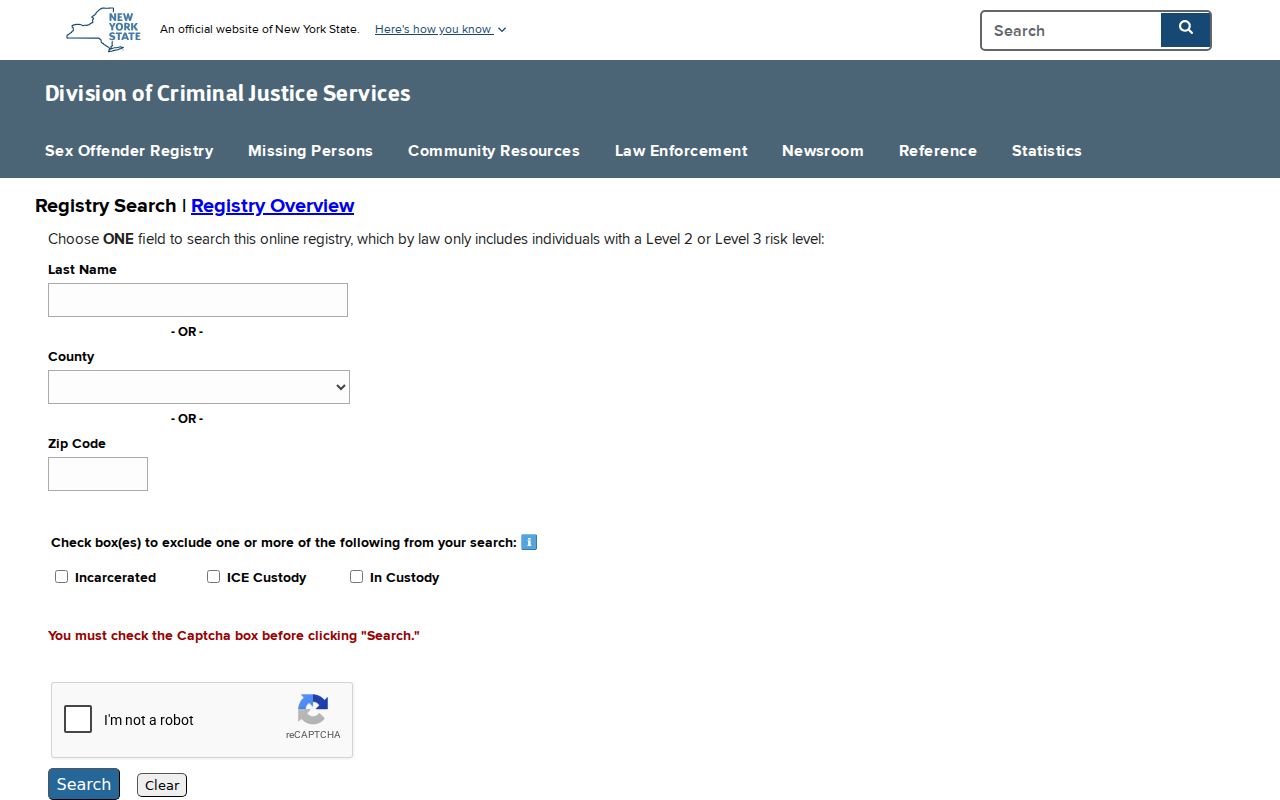 Ontario County sex offender search DCJS directory interface